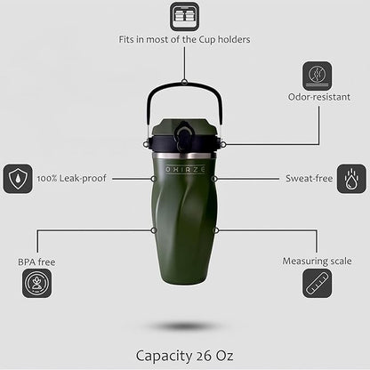 Shaker Bottle –26oz Double Wall Stainless Steel, No Mixing Tools Needed,Ideal for Protein Shakes,Water, Smoothies, Cocktails –Leak-Proof, Copper-Insulated, BPA-Free (Steel Commando)