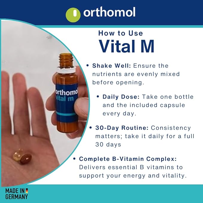Orthomol Vital M Vial – 30-Day Men's Vitamin Supplement with A, B, C, D, E, K, Iodine & Omega-3 – Supports Male Energy & Vitality