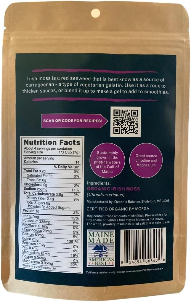 Ocean’s Balance Whole Leaf Irish Sea Moss Organic - Organic Sea Moss - Perfect for Keto Diet, Paleo Diet, Vegetarian, or Vegan Diet – Gluten Free, Mineral Rich – 1 oz Bag
