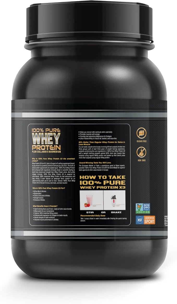 DL 100% Pure Whey Protein + Collagen + Magnesium | 43g. Protein & Essential BCAA´s | Muscle Gain, Recovery & Nutrient delivery | Low Fat Protein | Quik & Easy Mixing | 1 kg (1KG, Strawberry)