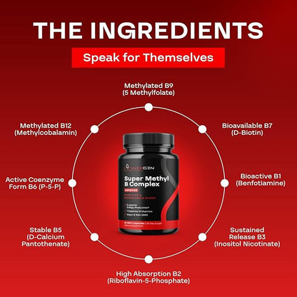 Methylated B Complex Vitamin Supplement - Bioactive Methyl B Complex with 5-MTHF Methyl Folate & B12 Methylcobalamin for Brain Heart Energy & Homocysteine Support - Super Vitamin B Complex - 60 Caps