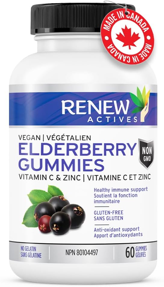 Renew Actives Vegan Elderberry Gummies with Vitamin C & Zinc - Antioxidants for Immune Function & Healthy Development of Bones, Cartilage, Hair, Nails, and Skin - 60 Gummies