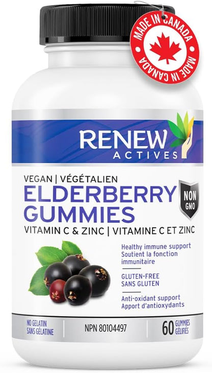 Renew Actives Vegan Elderberry Gummies with Vitamin C & Zinc - Antioxidants for Immune Function & Healthy Development of Bones, Cartilage, Hair, Nails, and Skin - 60 Gummies