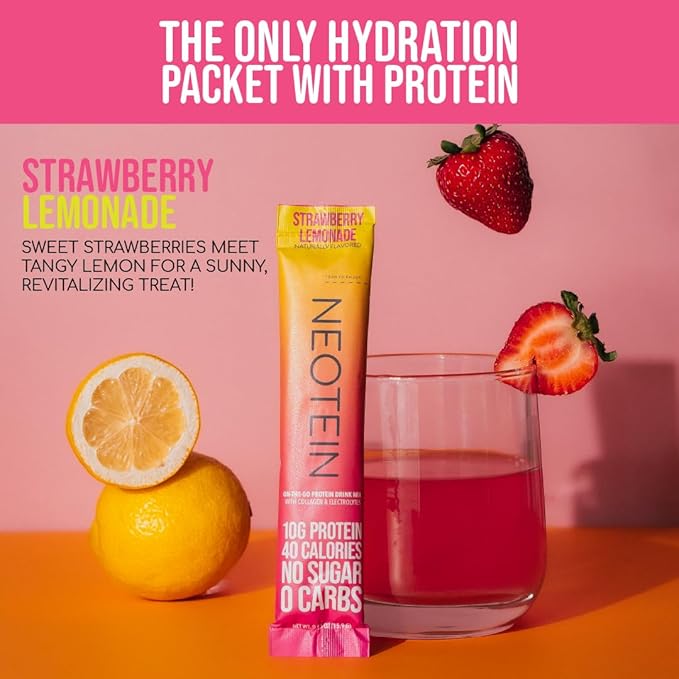 Electrolyte Powder Packets with 10g Protein & Collagen - Hydration Packets - Zero Sugar, NO Fillers, NO Carbs | Strawberry Lemonade | 40 Calories | Keto & Paleo | Pack of 15