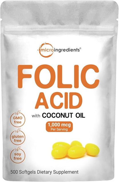 Folic Acid 1,000 mcg, 500 Coconut Oil Softgels (1mg) | Essential Prenatal Vitamins (Vitamin B9) | 1,667 mcg DFE | Third Party Tested, No Artificial Colors or Flavors | Non-GMO, Gluten Free