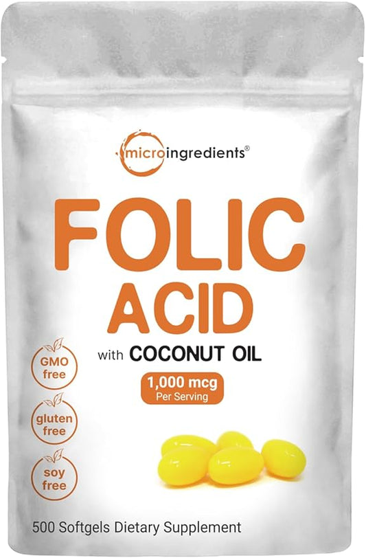 Folic Acid 1,000 mcg, 500 Coconut Oil Softgels (1mg) | Essential Prenatal Vitamins (Vitamin B9) | 1,667 mcg DFE | Third Party Tested, No Artificial Colors or Flavors | Non-GMO, Gluten Free