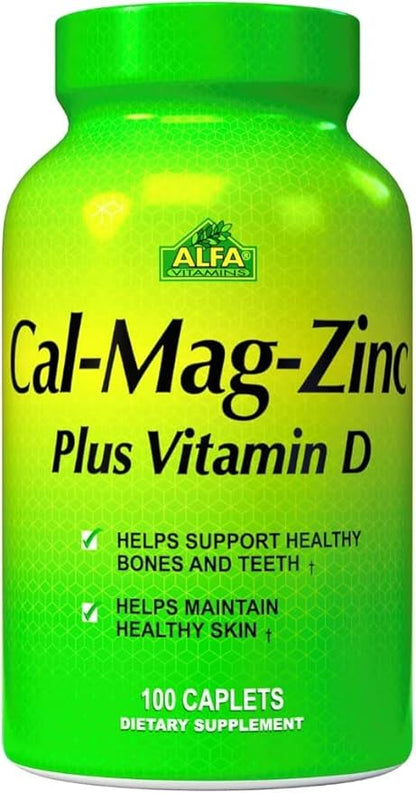 ALFA VITAMINS Calcium Magnesium Zinc Plus Vitamin D Supports Healthy Bones, Joints, Teeth, and Skin - 100 Caplets