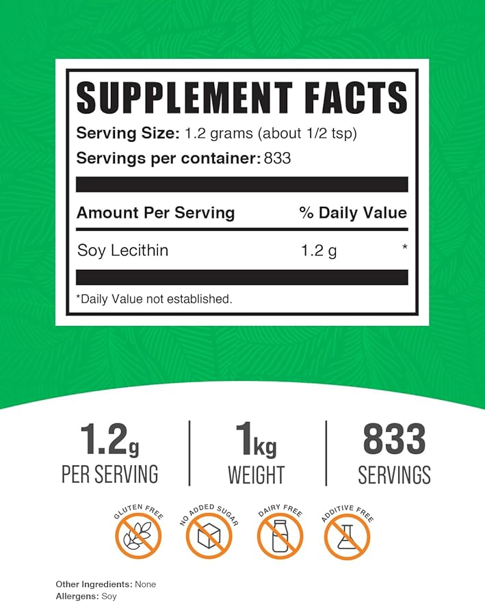 BulkSupplements.com Soy Lecithin Powder - Lecithin Supplement, Lecithin 1200mg Powder - Lecithin Powder Food Grade, Gluten Free, 1200mg per Serving, 1kg (2.2 lbs) (Pack of 1)