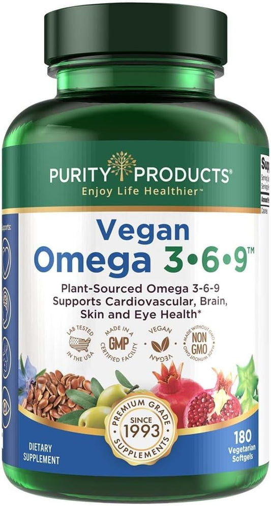 Purity Products Omega 3-6-9 Vegan Omega Formula - “5 in 1” Essential Fatty Acid Complex - Scientifically Formulated Plant-Based Omega 3 6 9 Essential Fatty Acids (EFA) - 3 Month Supply - 180 Softgels
