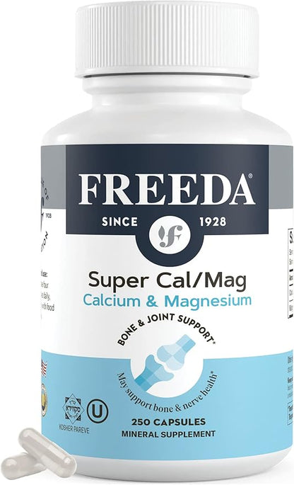 Freeda Super Cal/Mag Calcium Magnesium - Kosher Magnesium and Calcium Supplements for Women & Men - CalMag Bone & Joint Support - Vegetarian/Vegan Calcium and Magnesium Supplement - (250 Capsules)