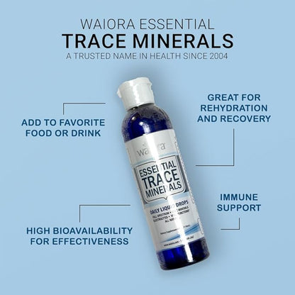 Waiora Essential Trace Minerals | Help Replenish Key Trace Minerals | 60+ Ionic Trace Minerals | Support Body’s Essential Functions, pH Balance | Plus Electrolytes for Hydration (2 Bott / 96 serv)