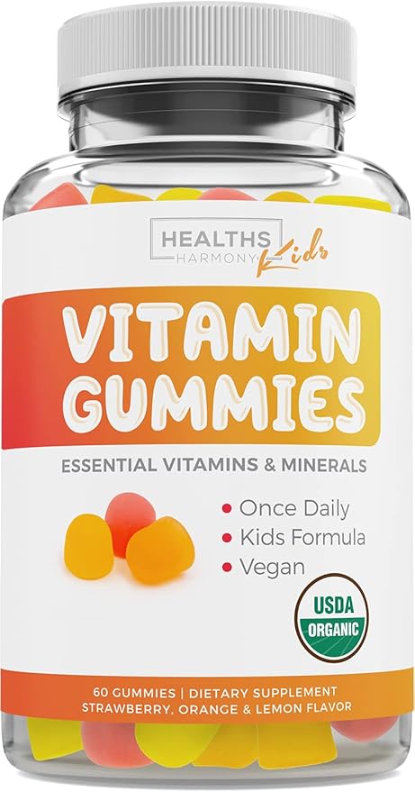 USDA Organic Kids Vitamin Gummies (Non-GMO) Yummy Natural Fruit Flavors - Complete Kids Multivitamin Gummies: Vitamin C, D, B, A, Zinc - Supplement for Energy, Mood, Immune Support - 60 Gummy Vitamins