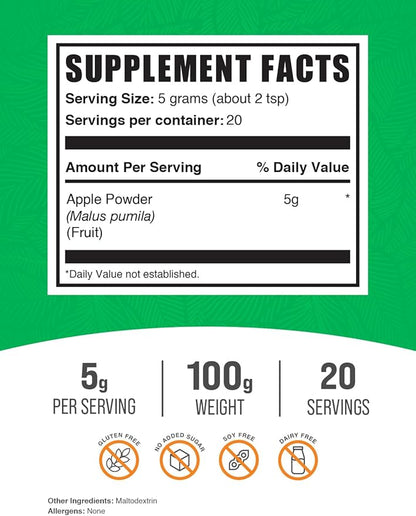 BulkSupplements.com Apple Powder - Apple Fruit Powder, Superfood for Digestive Support - Natural & Gluten Free, 5g per Serving, 100g (3.5 oz) (Pack of 1)