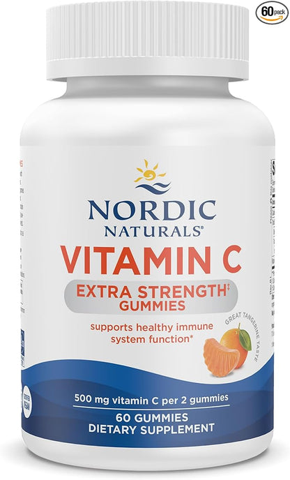 Nordic Naturals Vitamin C Extra Strength Gummies - Tangerine Flavor - 60 Gummies - 500 mg Vegan Vitamin C Supplement - Low-Sugar Immune-Support Gummies - 30 Servings