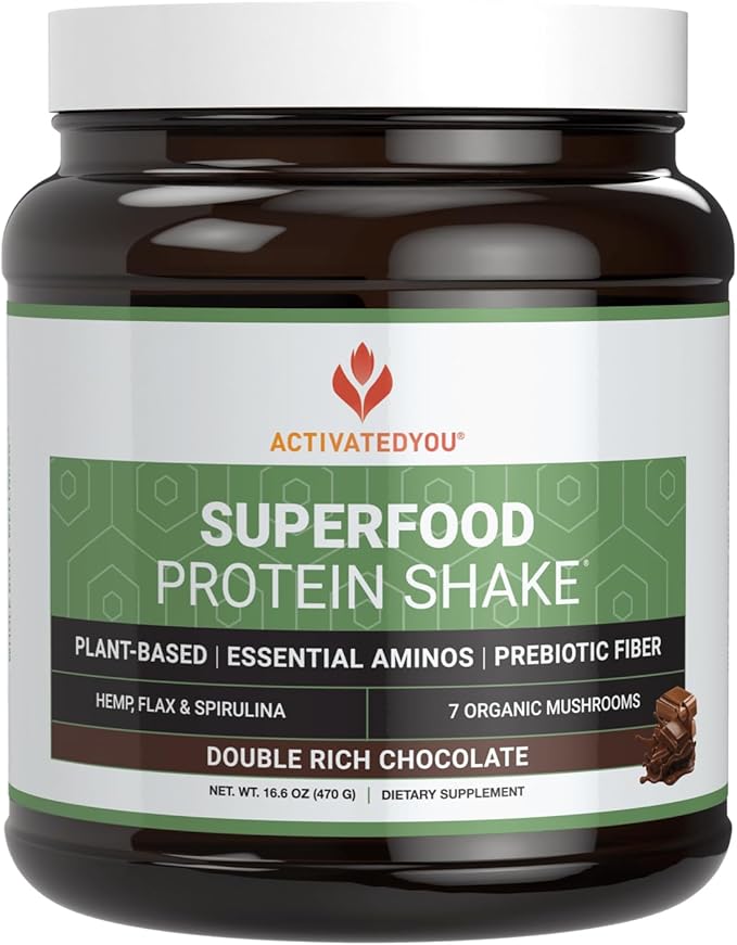 ACTIVATEDYOU Superfood Protein Shake -Vegan Plant Protein Powder - with Organic 7 Mushroom Blend, Spirulina, and GoldRella Chlorella - Promotes Muscle Integrity, Chocolate Flavor (15 Servings)