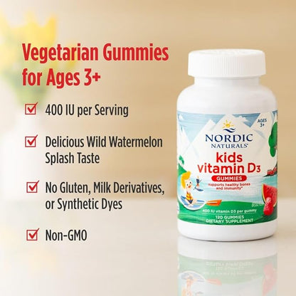 Nordic Naturals Vitamin D3 Gummies Kids, Wild Watermelon Splash - 60 Gummies - 400 IU Vitamin D3 - Bone Health, Healthy Immunity - Non-GMO, Vegetarian - 60 Servings