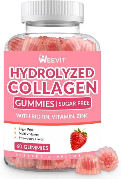 Sugar-Free Collagen Gummies for Women, Hydrolyzed Collagen Peptides Gummies with Biotin, Collagen Supplements Gummy with Vitamin B12, C, D, Zinc for Hair Skin Nail