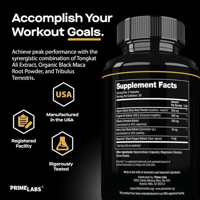 Prime Labs Tongkat Ali for Men - Plus Organic Black Maca Root - Enhanced Performance - Renewed Vitality - Tongkat Ali Extract, Maca Root Powder, Tribulus Terrestris - 60 Capsules