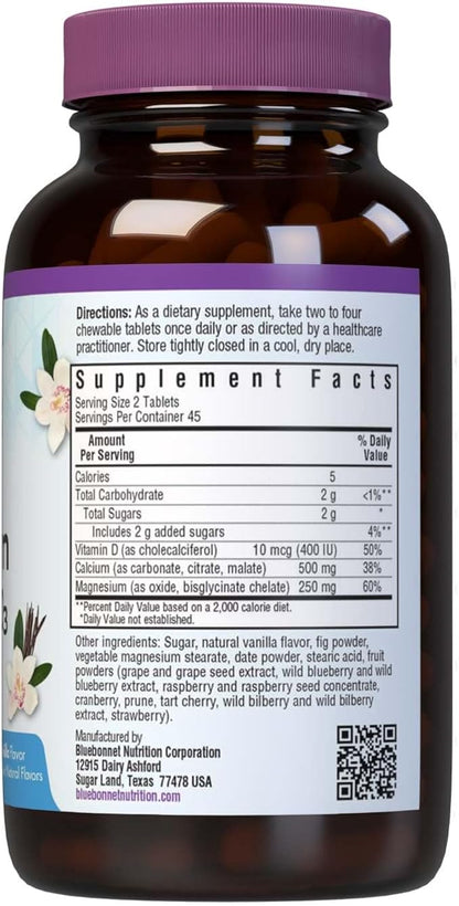 Bluebonnet Nutrition Calcium Magnesium Plus Vitamin D3 Earthsweet, Bone Health & Muscle Relaxation, Soy-Free, Gluten-Free, Kosher Certified, Dairy-Free, 90 Vanilla Flavored Chewable Tablets