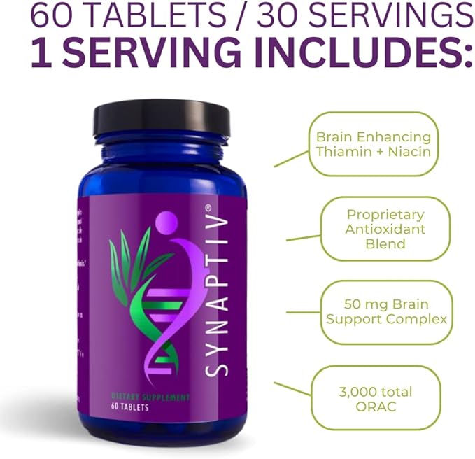 Youngevity Synaptiv™ Brain Support - 12in1 - Ginkgo, Huperzine, Bacopa, Quercetin and More - with Potent Antioxidant Blend + Vitamins - 60 Tablets (Pack of 1)