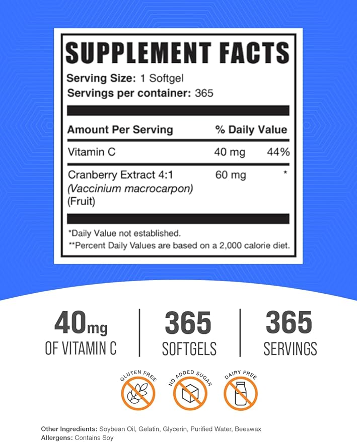 BulkSupplements.com Cranberry with Vitamin C Softgels - Cranberry Supplement & Vitamin C Supplement - 40mg of Vitamin C - Gluten Free, 1 Softgel per Serving, 365 Count (Pack of 1)