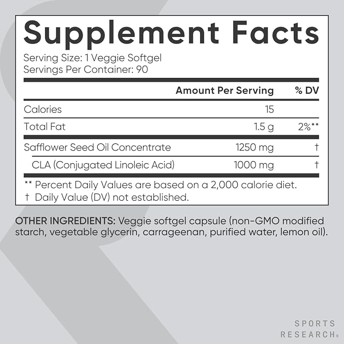 Sports Research Vegan CLA - 1250mg with Active Conjugated Linoleic Acid for Men & Women | Non-GMO, Soy & Gluten Free - 80% (90 Softgels)