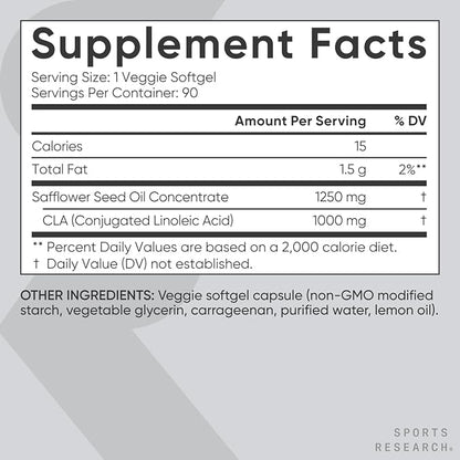 Sports Research Vegan CLA - 1250mg with Active Conjugated Linoleic Acid for Men & Women | Non-GMO, Soy & Gluten Free - 80% (90 Softgels)
