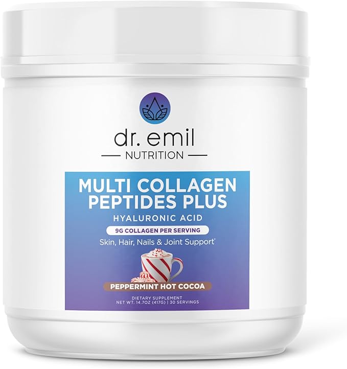 Dr. Emil Multi Collagen Peptides Plus with Hyaluronic Acid - Peppermint Hot Cocoa Flavor - 9g Collagen Per Serving for Skin, Hair, Nails & Joint Support