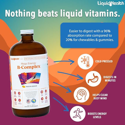 LIQUIDHEALTH Mega Energy Methylated B-Complex, Adult Liquid Vitamin Supplement - Increase Energy, Relieve Stress & Fatigue, Immune System Support, Heart & Gut Health - Vegan, Sugar-Free (2 Pack)