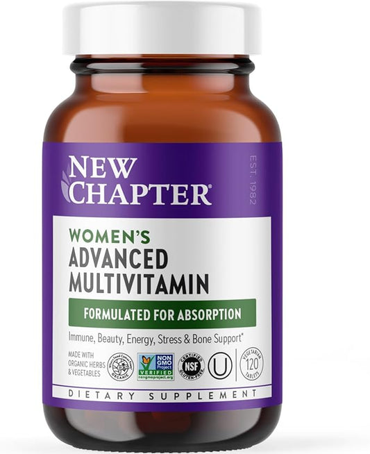 New Chapter Women's Multivitamin Advanced Formula for Stress, Bone, Immune, Beauty & Energy Support, Higher Levels of Whole-Food Fermented Essential Nutrients for Women + Iron + Vitamin D3, 120 Count