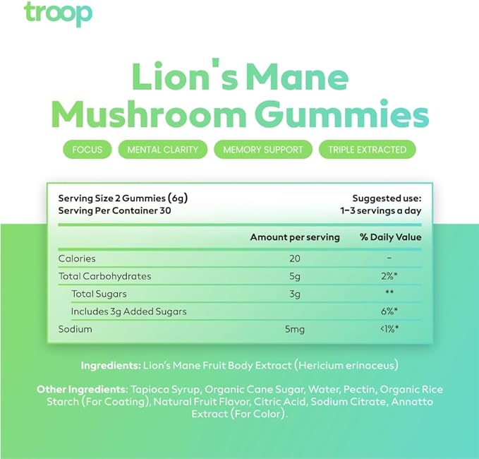 Troop Mushroom Lion's Mane Gummies, Supplement for Focus & Mood, Cognitive, Immune & Memory Support - Brain Boost, Natural Peach Mango Flavored Nootropic with Fruit Body Gummy - Vegan, 60 Count
