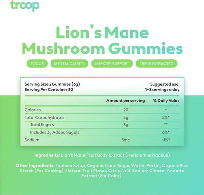 Troop Mushroom Lion's Mane Gummies, Supplement for Focus & Mood, Cognitive, Immune & Memory Support - Brain Boost, Natural Peach Mango Flavored Nootropic with Fruit Body Gummy - Vegan, 60 Count