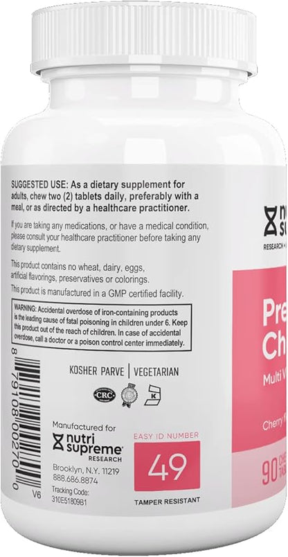 Nutri Supreme Prenatal Vitamin, Chewable Prenatal Vitamins for Women with 800 MCG of Folate, Complete Pregnancy Multivitamin with Iron, Kosher, Cherry Flavor, 90 Count