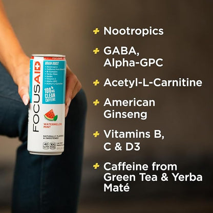 FOCUSAID Energy Drink, Brain Boost, Juicy Watermelon, Nootropics, Alpha-GPC, GABA, B-Complex, 100mg Caffeine, Yerba Mate, Green Tea, 100% Clean, No Artificial Sweeteners, 12 Oz(Pack of 12)