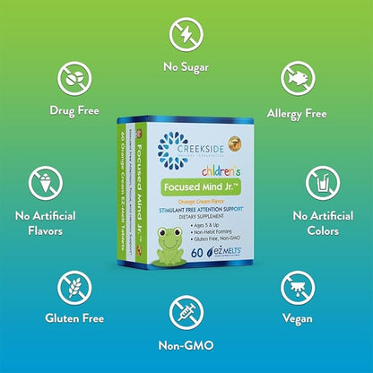 Focused Mind Jr., Focus and Memory Support for Children, Pediatrician Formulated, Stimulant Free Attention Support with Inositol, DMAE, Sugar-Free, Vegan, 60 EZ Melt Tablets
