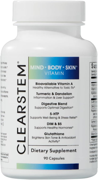 CLEARSTEM - MINDBODYSKIN Hormonal Acne Supplement (5-HTP) - Natural DIM Supplement - Skin Care Vitamins - Hormone Balance, Antioxidants - Vegan, Gluten Free, Cruelty Free - 30 Servings, 90 Capsules