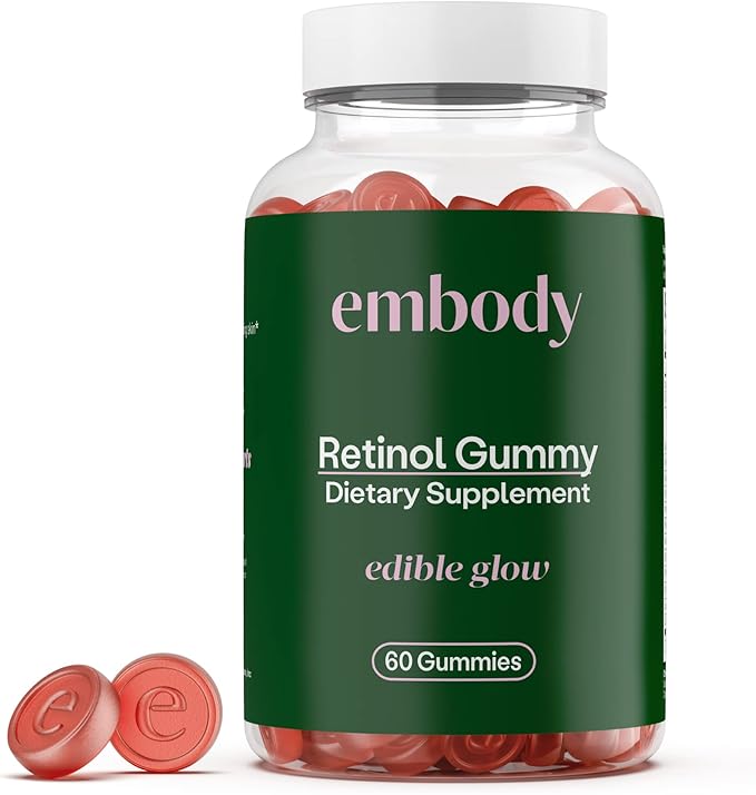 Embody: 60 Skin Gummies Multivitamin Retinol Gummy | Vitamin A Supplement for Anti-Aging, Glowing, Youthful & Clear Skin | Strong Hair & Nails with Biotin, Vitamin C, B12 & Zinc