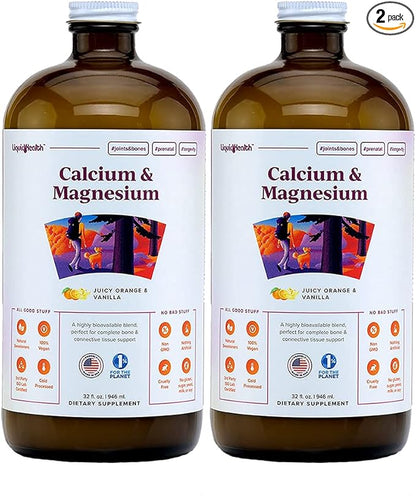 LIQUIDHEALTH Calcium & Magnesium Adult Liquid Vitamin Supplement - Bone, Joint, Muscle, Connective Tissue Support, Heart Health, Essential Nutrients - Great Taste, Vegan, Non GMO, Sugar-Free (2 Pack)