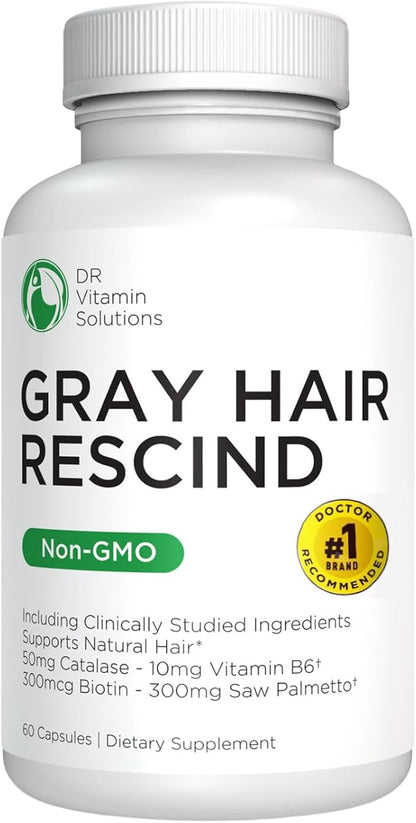 Gray Hair Rescind with Catalase - Antiaging Hair, Skin and Nails Vitamins, Pantothenic Acid, Folic Acid 400mcg, Biotin 300mcg, Saw Palmetto for Men and Women