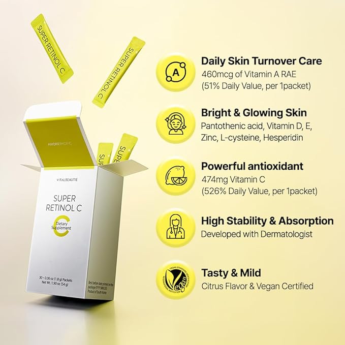 Super Retinol C (Powder, Skincare Supplement) - Vitamin A, C, D, E, Pantothenic Acid, Zinc, L-Cysteine for Skin Radiance and Tone Vegan Authorized AMOREPACIFIC - 30 Packets