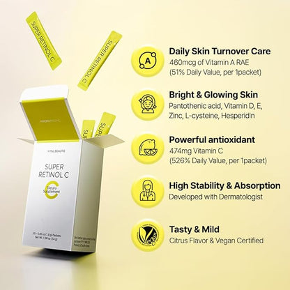 Super Retinol C (Powder, Skincare Supplement) - Vitamin A, C, D, E, Pantothenic Acid, Zinc, L-Cysteine for Skin Radiance and Tone Vegan Authorized AMOREPACIFIC - 30 Packets