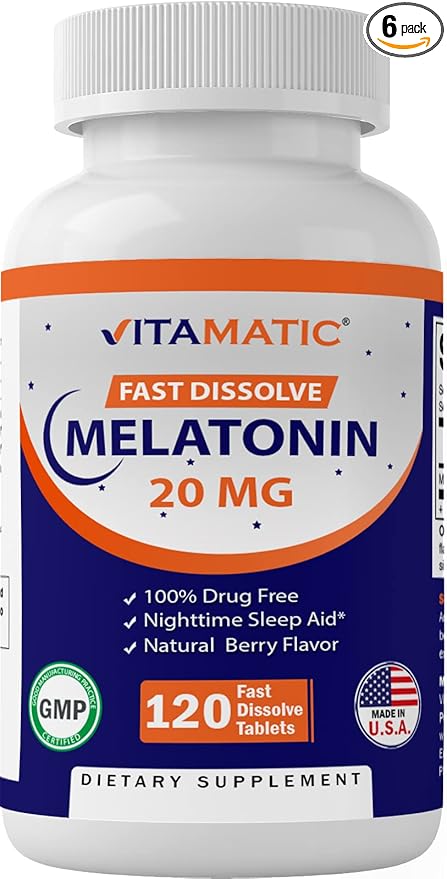 Vitamatic Melatonin 20mg Tablets | Vegetarian, Non-GMO, Gluten Free | HIGH Potency 20 MG | Natural Berry Flavor (1/2 Tablets = Melatonin 10mg) (120 Count (Pack of 6))