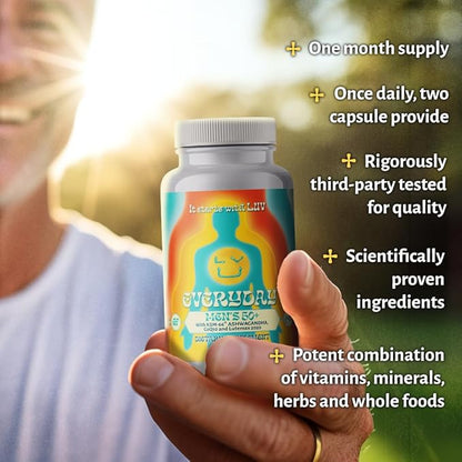 LUV Everyday™ Men’s 50+ Multivitamin - Adult Formula Daily Nutritional Support with Iron, Calcium, KSM-66 Ashwaganda, CoQ10, Lycopene, and Lutemax 2020- Vegetarian Gluten-Free & Non-GMO - 60 Capsules