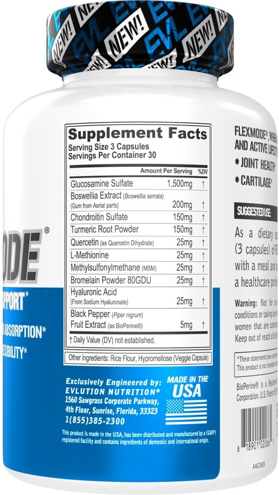 Evlution High Absorption Joint Support Supplement Nutrition FLEXMODE Joint Supplement with Advanced Joint Vitamins Including Glucosamine Chondroitin MSM Boswellia and Hyaluronic Acid - 30 Servings