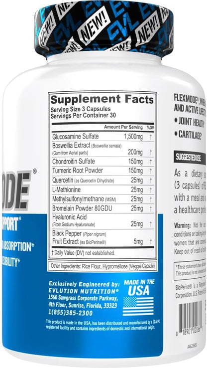 Evlution High Absorption Joint Support Supplement Nutrition FLEXMODE Joint Supplement with Advanced Joint Vitamins Including Glucosamine Chondroitin MSM Boswellia and Hyaluronic Acid - 30 Servings