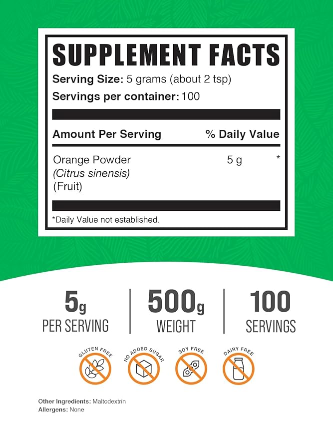 BulkSupplements.com Orange Powder - Orange Fruit Powder, Orange Supplement Powder - Nutrient-Rich Flavoring, Gluten Free, 5g per Serving, 500g (1.1 lbs) (Pack of 1)