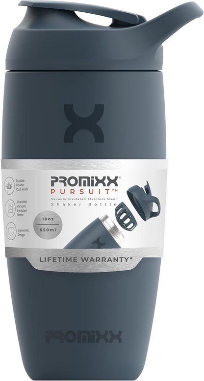 Promixx Pursuit Shaker Bottle Insulated Stainless Steel Water Bottle and Blender Cup, 18oz, Midnight Blue