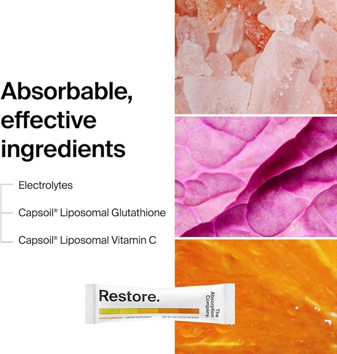 Restore - Electrolyte Powder Packets - Workout Recovery & Hydration Drink Mix with Glutathione, Vitamin C & B Vitamins - Mango Lemonade (28 Sticks)