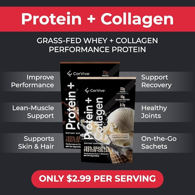 Protein + Collagen Powder | 23g Protein (Grass-Fed Whey + Collagen) | 3.7g BCAAs | Supports Muscle & Joint Health | Gluten & Soy Free | No Artificial Ingredients | 15 Sachets - Vanilla