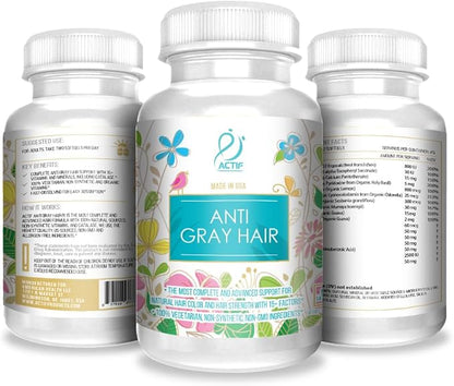 ACTIF Anti-Gray Hair Mega Support for Women with 15+ Advanced Hair Factors, Catalase, Biotin, PABA, Non-GMO, Made in USA, 90 Count